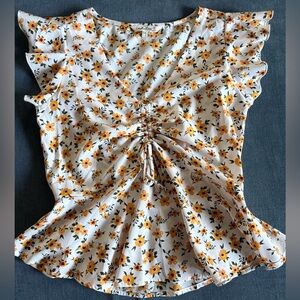 Indulge Orange Ruched Ruffled cropped sleeve Blouse
